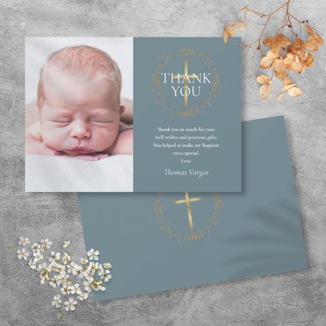 Baptism Christening Modern Guld Garland Photo Tack Kort (Baptism Christening Modern Gold Garland Photo Thank You Card)