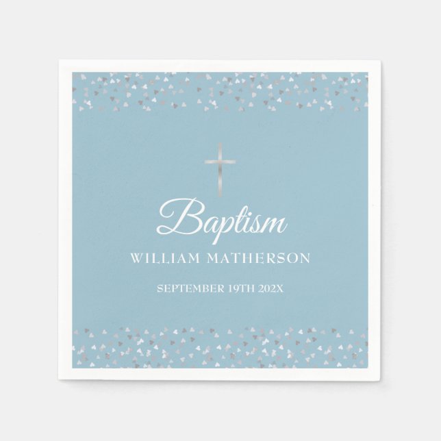 Baptism Christening Modern Silver Hearts Pappersservett (Framsidan)