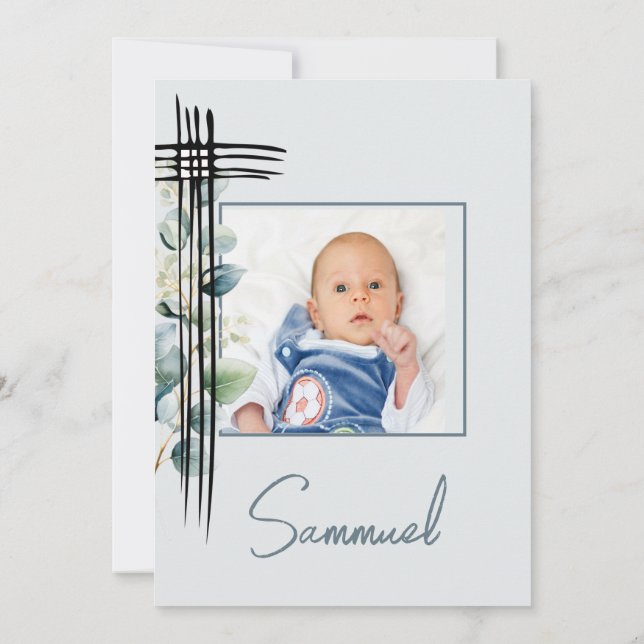 Baptism Christening Photo Male Modern Blue Inbjudningar (Baksida)