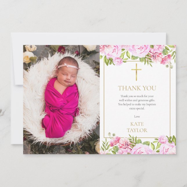  Baptism Christening Photo Pink Rose Floral Tack Kort (Framsida)