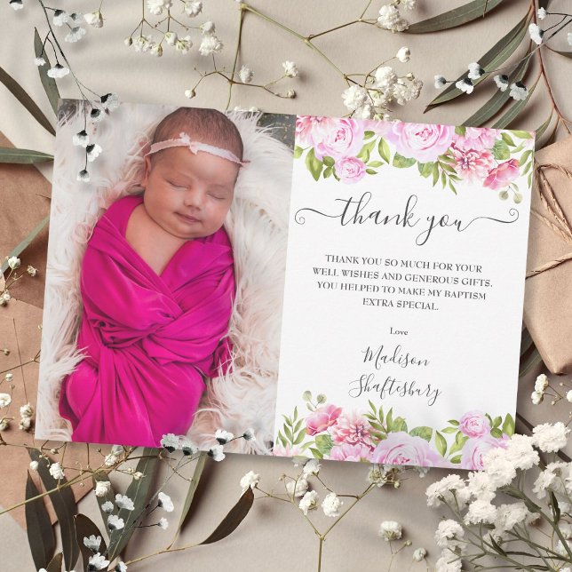 Baptism Christening Photo Rosa ros Blommigt Tack Kort (Baptism Christening Photo Pink Rose Floral Thank You Card)