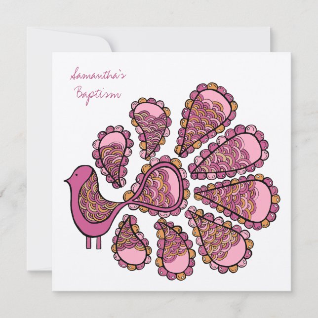 Baptism Christening Rosa Peacock Inbjudan inbjudan (Framsida)