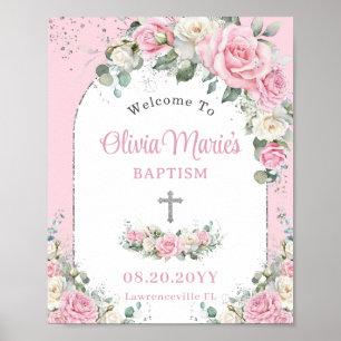 Baptism Christening Rosa Vit ros Blommigt Silver Poster