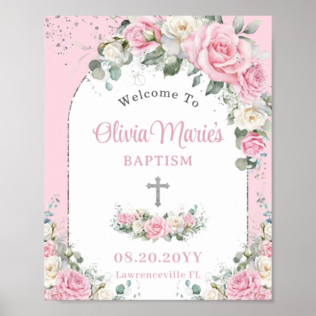 Baptism Christening Rosa Vit ros Blommigt Silver Poster (Framsidan)