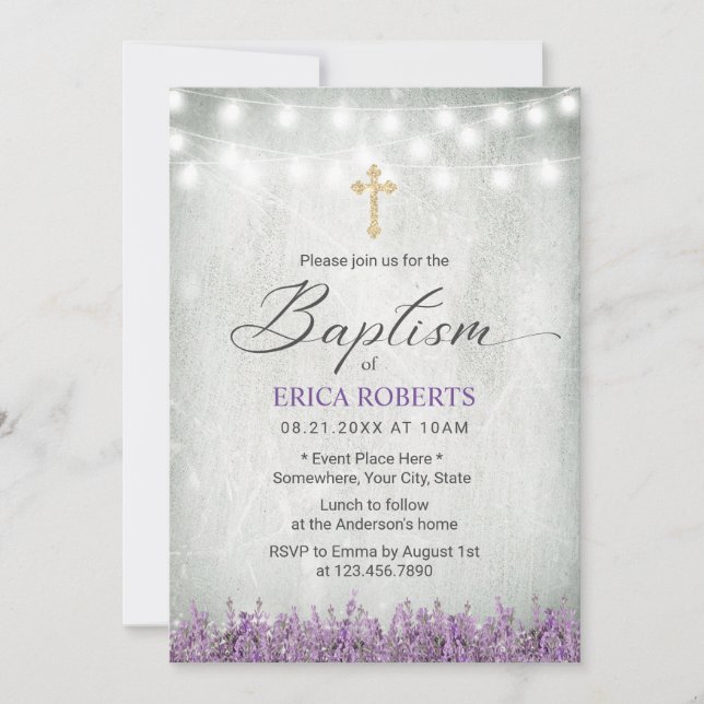 Baptism Christening Rustic Lavender Blommigt Inbjudningar (Framsida)