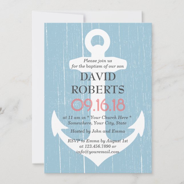 Baptism Christening Rustic Light Blue & Anchor Inbjudningar (Framsida)