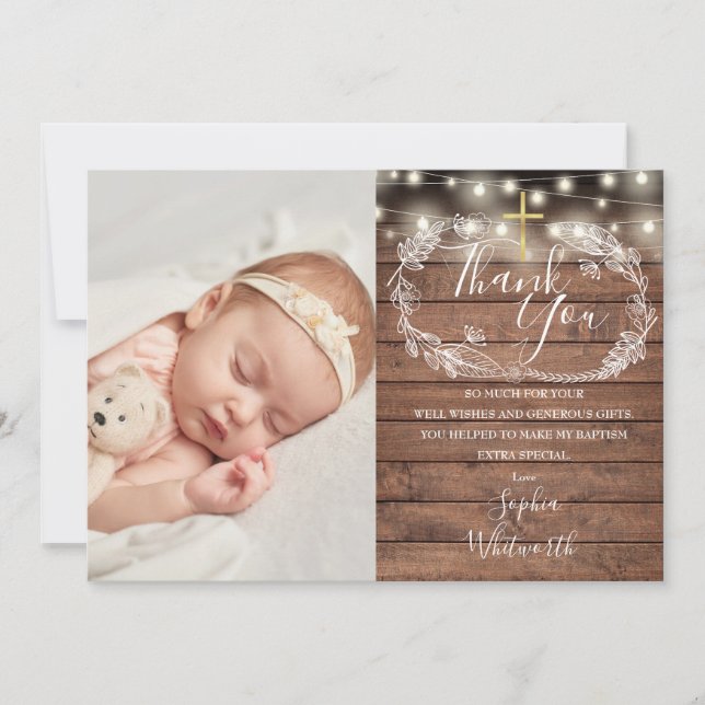 Baptism Christening Rustic String Ljus Photo Tack Kort (Framsida)