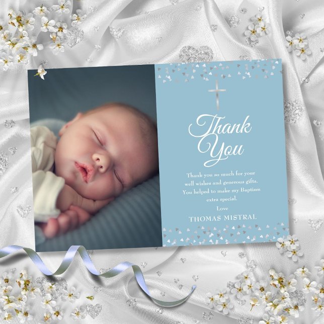 Baptism Christening Silver Hearts Photo Tack Kort (Baptism Christening Silver Hearts Photo Thank You Card)