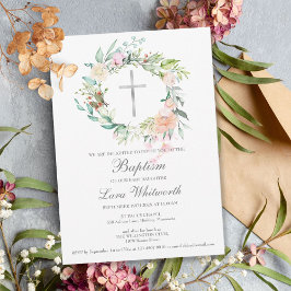 Baptism Christening Silver Kor Blommigt Garland Inbjudningar