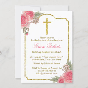 Baptism Christening Vintage Blommigt Guld Framed Inbjudningar