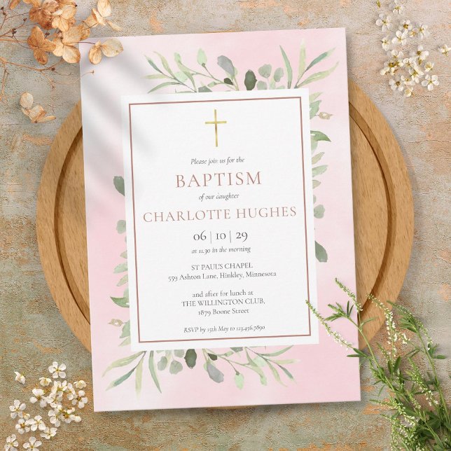 Baptism Christening Watercolor Greenery Ro Guld Inbjudningar (Baptism Christening Watercolor Greenery Rose Gold Invitation)