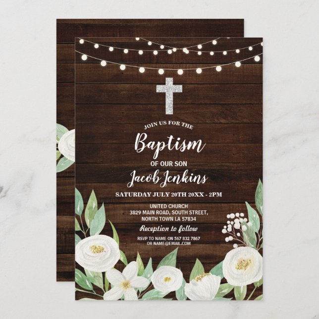 Baptism Christening White Flowers Rustic Wood Inbjudningar (Fram/baksida)