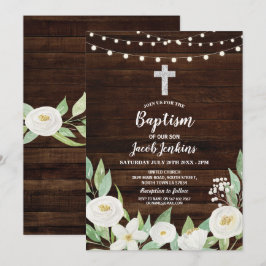 Baptism Christening White Flowers Rustic Wood Inbjudningar