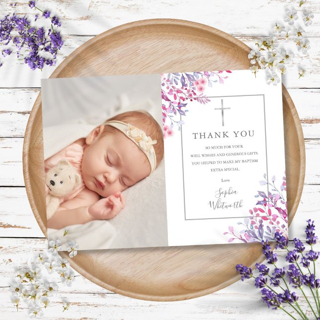 Baptism Christening Wildblommor Blommigt Photo Tack Kort (Baptism Christening Wildflowers Floral Photo Thank You Card)