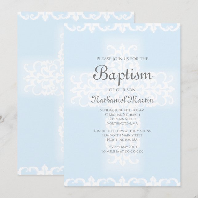 Baptism Christian Kor Blue Damask Boy Inbjudningar (Fram/baksida)