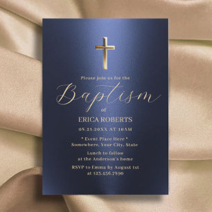 Baptism Christing Kor Modern Navy Blue & Guld Inbjudningar
