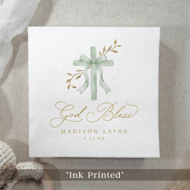 Baptism Communion Gold God Bless Bow Cross Pappersservett (Baptism napkin with sage green watercolor cross, bow, and gold script text)