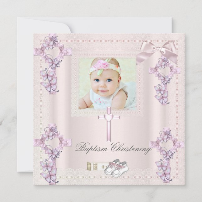 Baptism Cream Rosa Kor Girl Girl Photo christening Inbjudningar (Framsida)