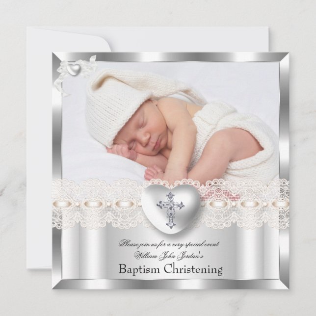 Baptism Cream Silver Photo Heart Kor Boy Girl 2 Inbjudningar (Framsida)