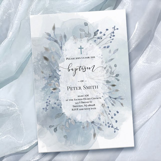 Baptism dammig blå vattenfärg stänk blad inbjudningar (Skapare uppladdad)