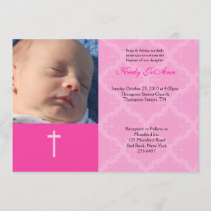 Baptism Dedication Girl Rosa 5x7 Damask Photo Inbjudningar
