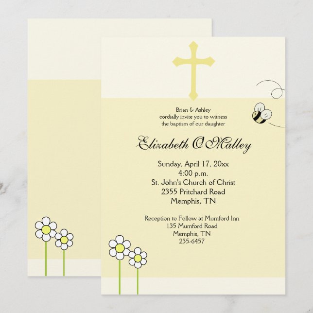 Baptism Dedication Vår Bee Lycklig bjudan Inbjudningar (Fram/baksida)
