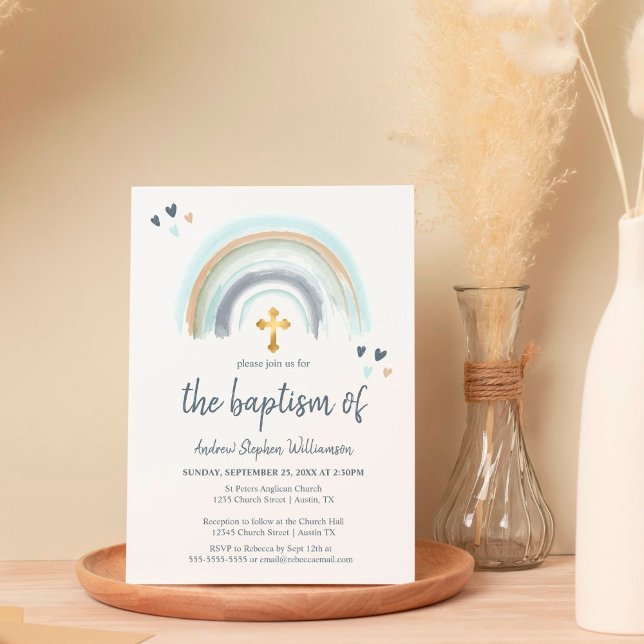 Baptism Dusty Blue och White Boho | Regnbåge Inbjudningar (Skapare uppladdad)