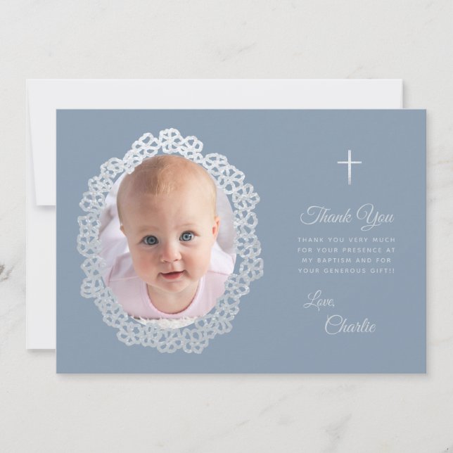 Baptism Dusty Blue Photo Blommigt Utandning Silver Tack Kort (Framsida)