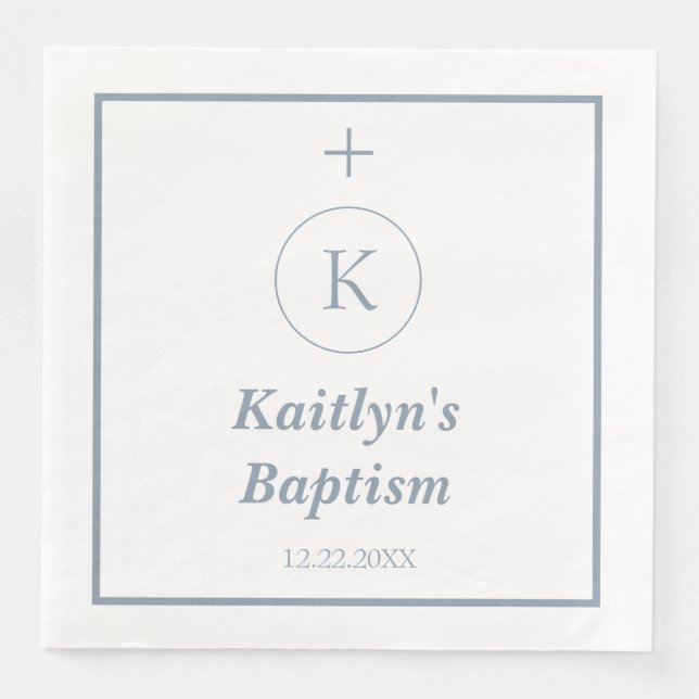 Baptism Dusty Blue White Monogram Initialer Elegan Pappersservett (Framsida)