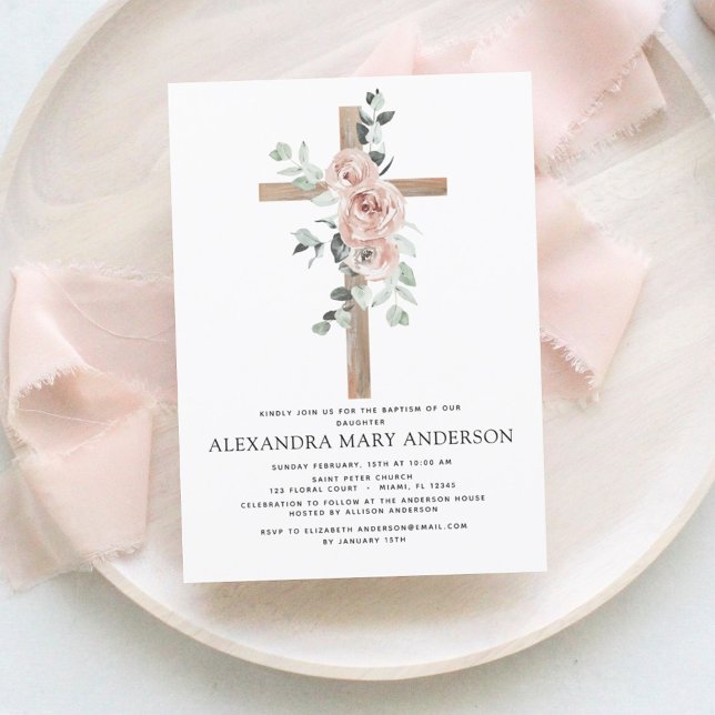 Baptism Dusty Rosa ros Greenery Eucalyptus Inbjudningar (Skapare uppladdad)