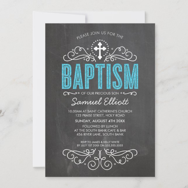 BAPTISM-elegant, blått glitter-typschalkboard Inbjudningar (Framsida)