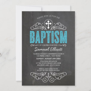 BAPTISM-elegant, blått glitter-typschalkboard Inbjudningar