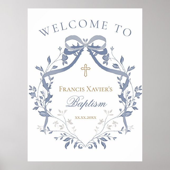 Baptism elegant blue bow welcome sign poster (Framsidan)