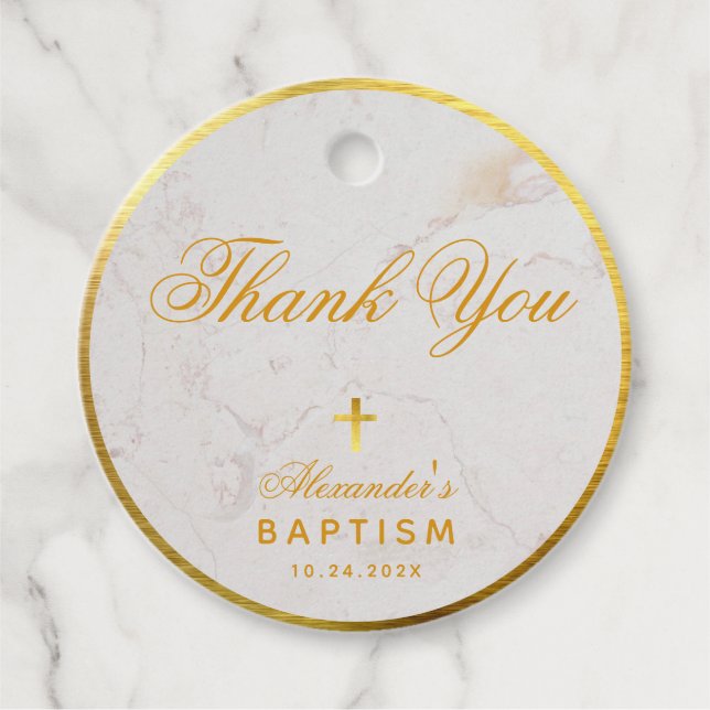 Baptism Elegant Marble Faux Gold Foil Tack Gåvor Etiketter (Framsida)
