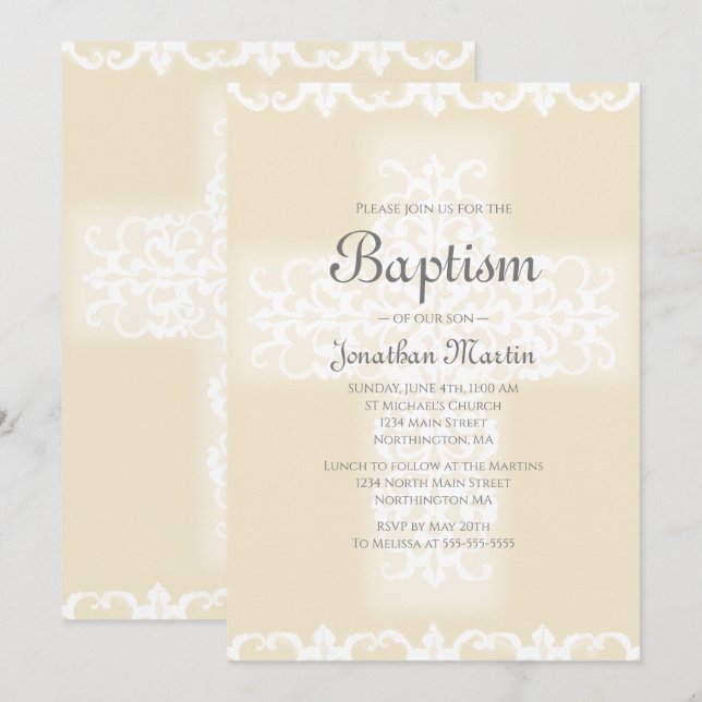 Baptism Elegant White Beige Damask Christian Kor Inbjudningar (Fram/baksida)