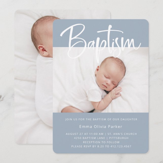 Baptism| Enkel minimal blå med två foton Inbjudningar (Fram/baksida)