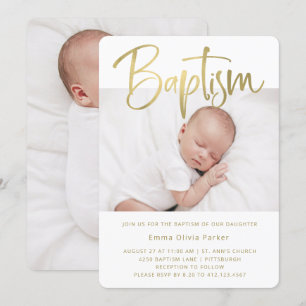 Baptism Enkel minimal Guld med två foton Inbjudningar