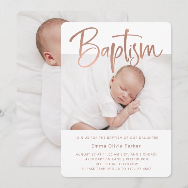 Baptism | Enkel minimal Ro Guld med två foton Inbjudningar (Fram/baksida)