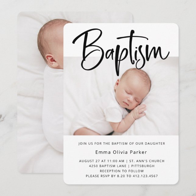 Baptism| Enkelt, minimalt svartvitt och vitt två f Inbjudningar (Fram/baksida)
