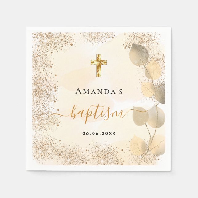 Baptism Eucalyptus golden glitter monogram Pappersservett (Framsidan)