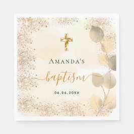 Baptism Eucalyptus golden glitter monogram Pappersservett