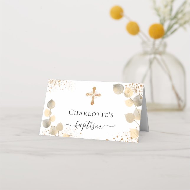 Baptism eucalyptus golden glitter sparkles placeringskort (Baksida)