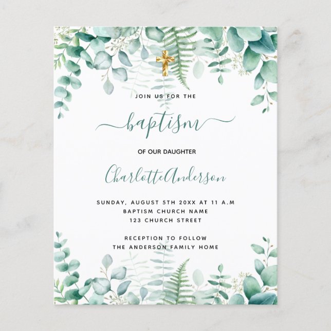 Baptism eucalyptus greeneri budget - inbjudan flygblad (Framsidan)