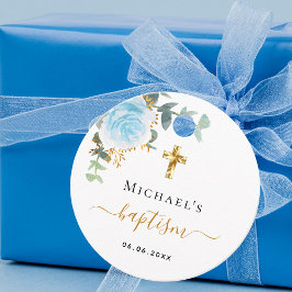 Baptism eucalyptus greenery blue blommigt boy gåvor etiketter