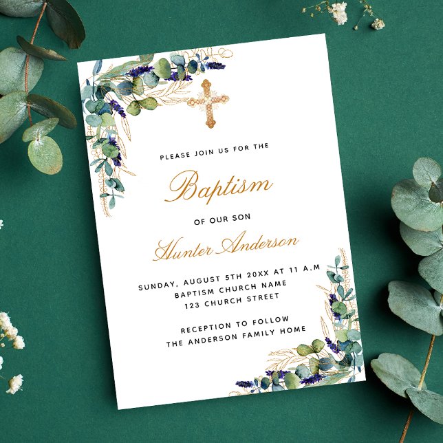 Baptism eucalyptus greenery blue boy inbjudan vykort (Skapare uppladdad)