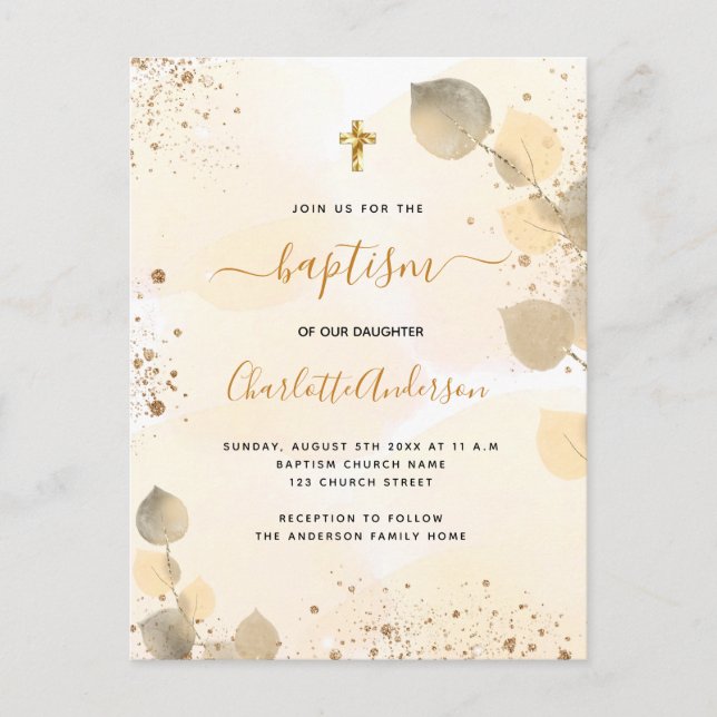 Baptism eucalyptus greenery glitter kor golden inbjudan vykort (Framsida)