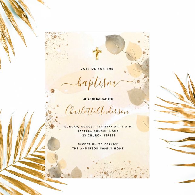 Baptism eucalyptus greenery glitter kor golden inbjudningar (Skapare uppladdad)