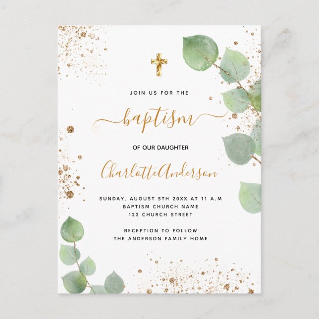 Baptism Eucalyptus greenery glitter kor Inbjudan Vykort (Framsida)