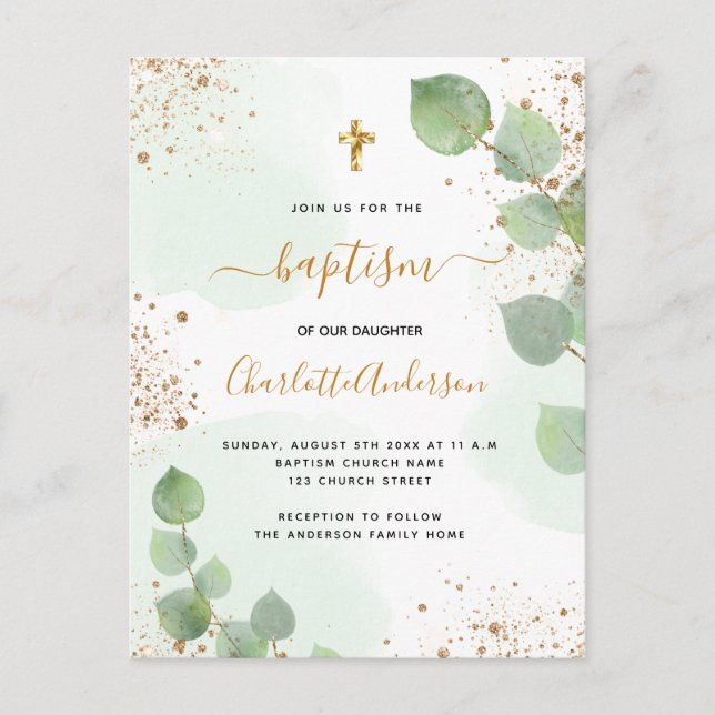 Baptism Eucalyptus greenery glitter kor Inbjudan Vykort (Framsida)
