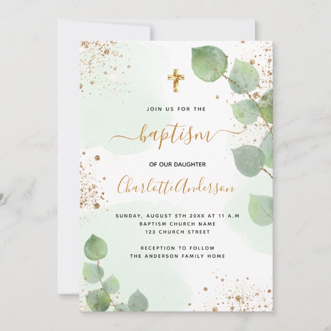 Baptism Eucalyptus greenery glitter kor Inbjudningar (Framsida)